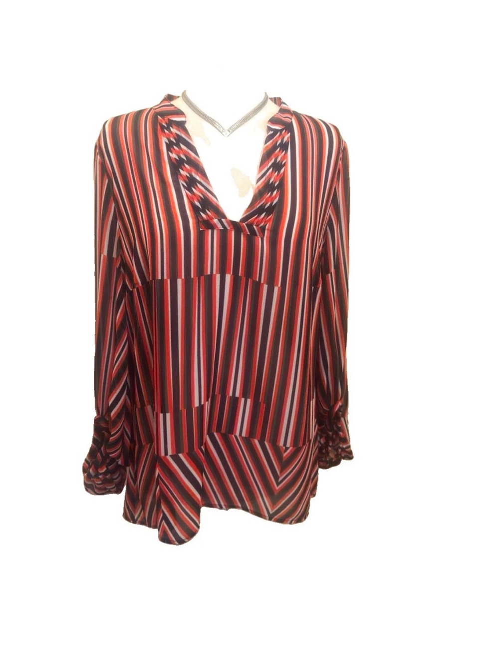 CAbi “The Ultimate Blouse” Striped V-Neck Sheer Balloon Sleeve Top Blouse 5519